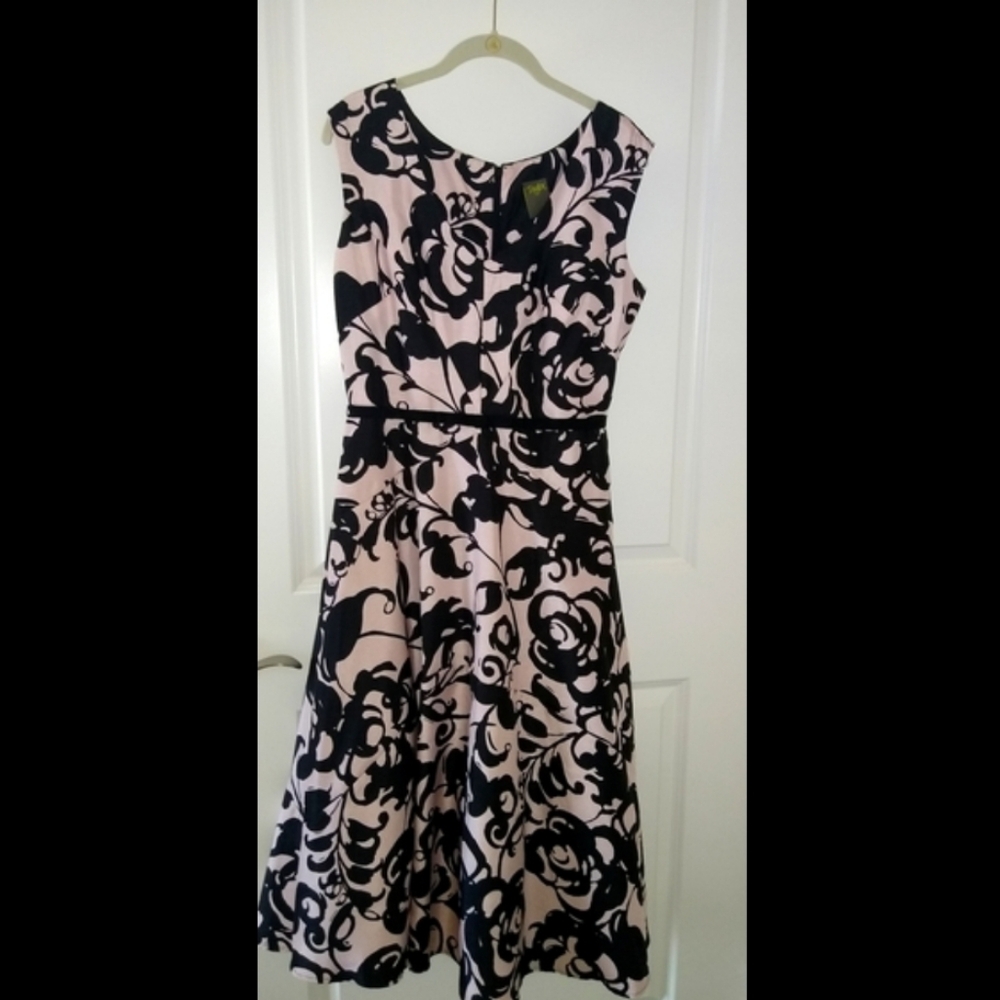 L NEW Boutique TAYLOR Black & Light Pink Flair Dress Lady's 8